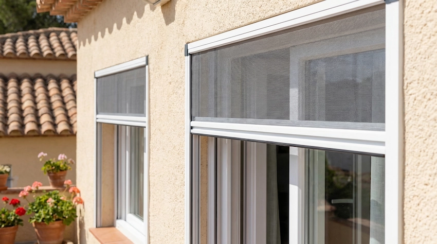 Mosquiteras plisadas en ventanas de villa